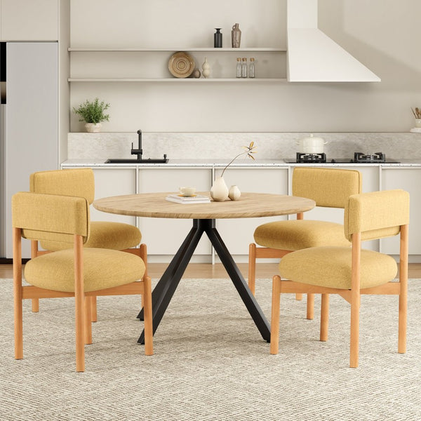 English Elm Modern Linen Upholstered Dining Chair Set Solid Wood Cross Base Removable Back Yellow T3623P466015