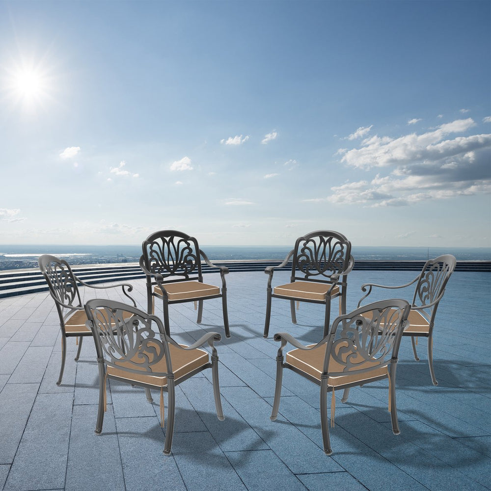 English Elm Cast Aluminum Patio Dining Chair Set - 6 Pcs With Stylish Black Frame & Cozy Brown Cushions W1710S00479