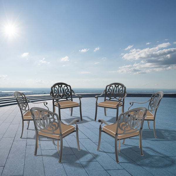 English Elm Cast Aluminum Patio Dining Chair Set - 6 Pcs With Stylish Black Frame & Cozy Brown Cushions W1710S00479