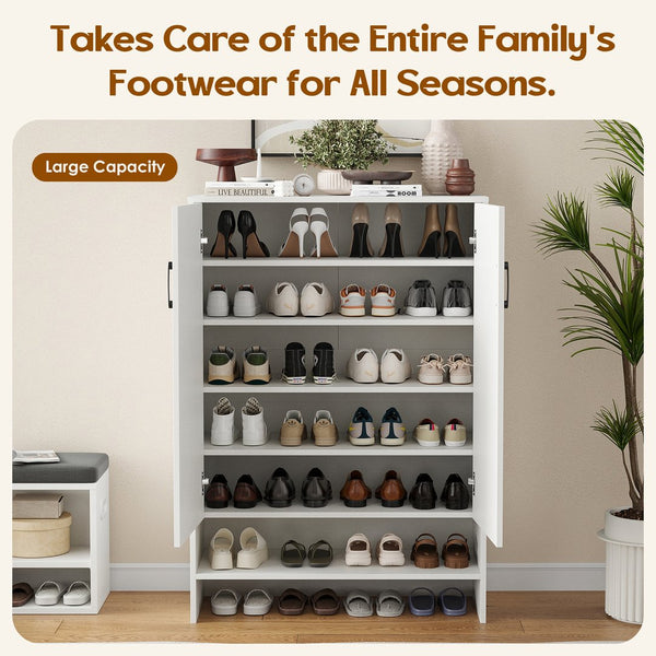 English Elm Shoe Cabinet Farmhouse 7-Tier 28-Pair Storage with Adjustable Shelves, Anti-Tip Rustic Organizer White T3623P408198