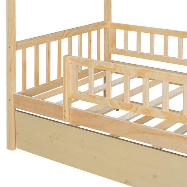 English Elm Twin House Bed with Trundle Solid Pine Frame Walnut Kids Bedroom Sleepover N708P357115N
