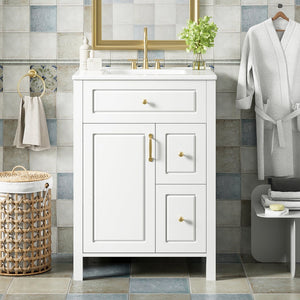 English Elm 24-Inch Bathroom Vanity with Ceramic Sink, Soft-Close Door & Drawers, Gold Handles, Durable Wood Elegance White N729P192078K