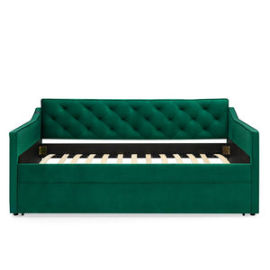 English Elm Twin Linen Tufted Daybed with Pop up Trundle and Usb Port for Guest Rooms Green W1413S00130
