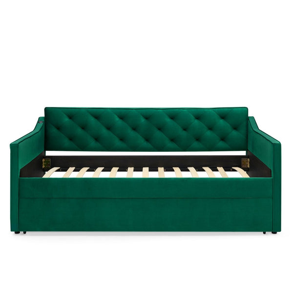 English Elm Twin Linen Tufted Daybed with Pop up Trundle and Usb Port for Guest Rooms Green W1413S00130