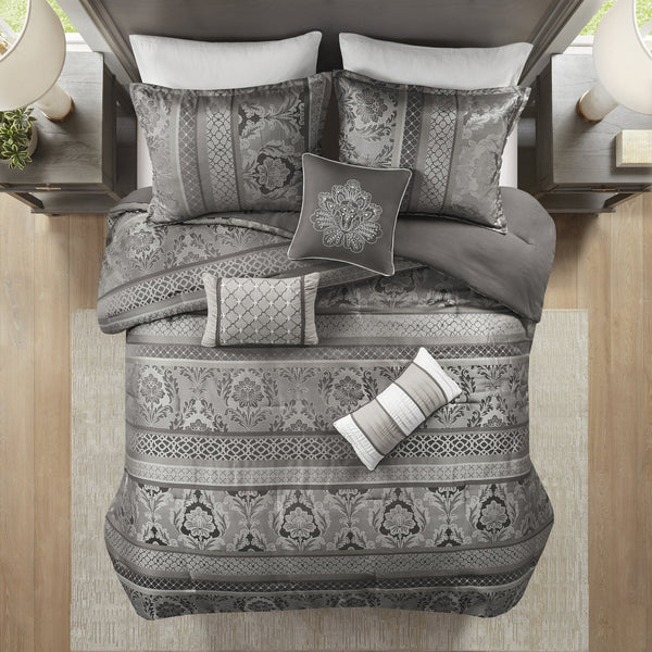 English Elm 7 Bellagio Jacquard Comforter Set Queen with Luxe Leaf, Ironwork Motifs, Pleated Embroidered Pillows & Bedskirt Grey 23.62 L x 18.5 W x 13.78 H B03597023