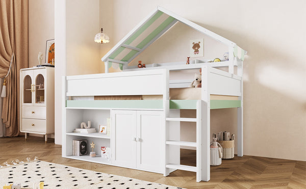 English Elm Full Size Pine Loft Bed with House Canopy Roof Built-in Shelves Kids Bedroom N7090005012F