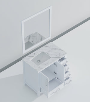 English Elm White Bath Vanity With Carrara Marble Top, 36" W, Soft-Close Drawers & Coordinated Mirror Set B2731S00679-GIGA