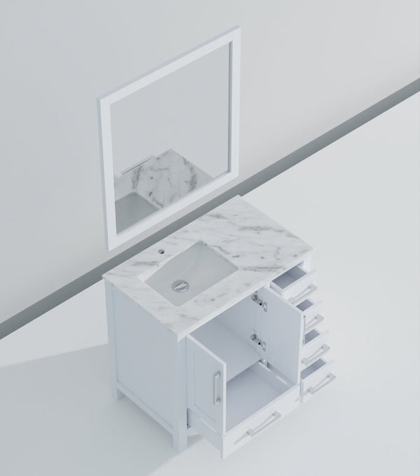 English Elm White Bath Vanity With Carrara Marble Top, 36" W, Soft-Close Drawers & Coordinated Mirror Set B2731S00679-GIGA