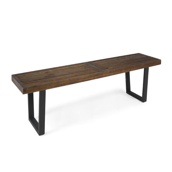 English Elm Joa Acacia Wood Outdoor Dining Bench with Iron Legs Seats Three Modern Patio 63351.00BDBRNMP1