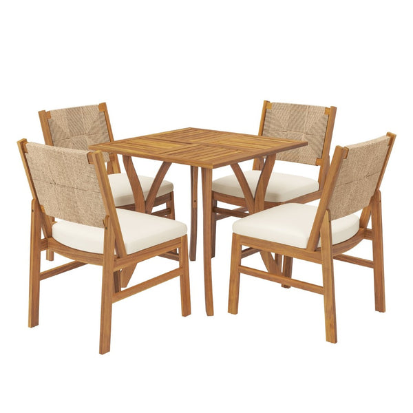 English Elm 5 Piece Acacia Wood Outdoor Dining Set Square Teak Finish Wicker Chairs Patio N773OD00083B