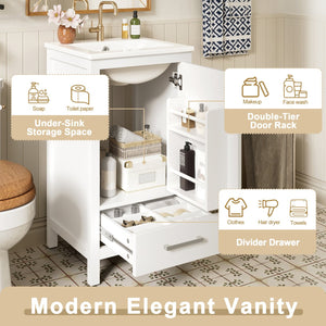 English Elm 18-Inch Modern Bathroom Vanity with Ceramic Sink, Soft-Close Doors, Divider Drawer & Adjusting Feet White N729P334854K