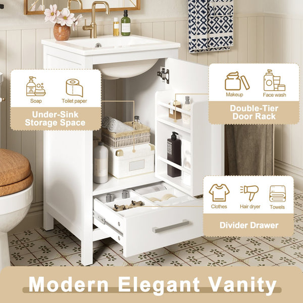English Elm 18-Inch Modern Bathroom Vanity with Ceramic Sink, Soft-Close Doors, Divider Drawer & Adjusting Feet White N729P334854K