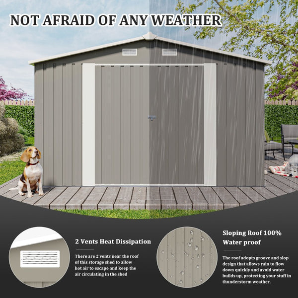 English Elm Campcraft Galvanized Steel Outdoor Storage Shed with Lockable Doors and Four Air Vents Light Gray W1598S00023