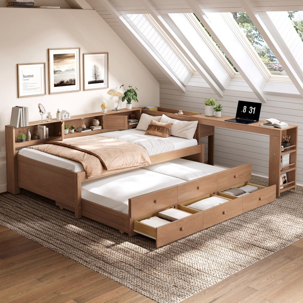 English Elm Twin Daybed Pine Frame with Trundle Desk Hutch Shelves and Storage for Kids Rooms Brown W1580S00459