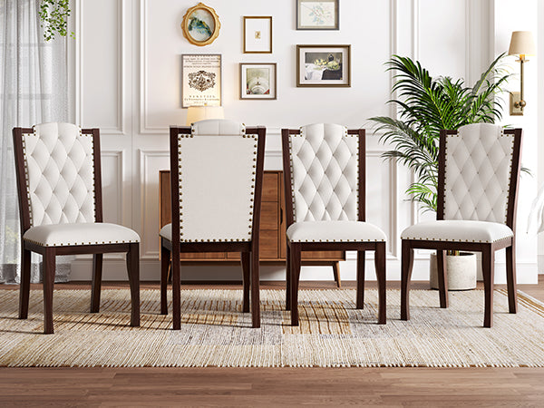 English Elm Upholstered High-Back Dining Chairs Set of 4 with Diamond Tufting, Nailhead Trim & Solid Wood Legs, Durable Comfort for Kitchen, Dining Room, Restaurant Seating Beige,Espresso N752P331360P
