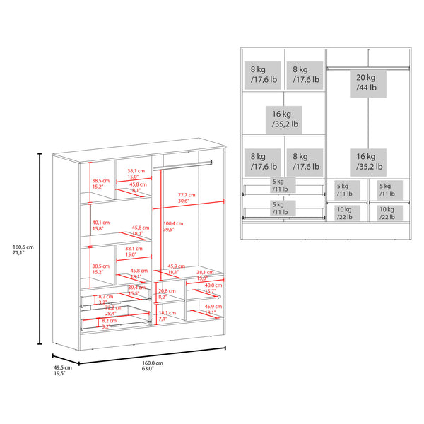 English Elm Bolton 160 Armoire with Dual Full-Length Mirrors, Six Adjustable Shelves, Two Drawers, White Finish B070S00364