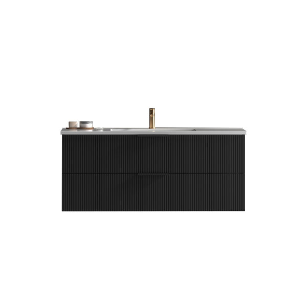 English Elm 48 Inch Floating Bathroom Vanity Fluted Matte Black with Ceramic Sink and Soft Close Drawers W3520S00040