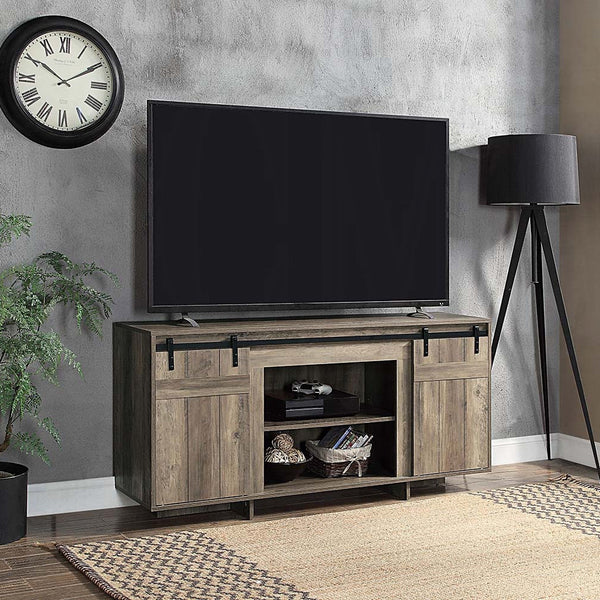 English Elm Grey Grey Washed TV Stand with Sliding Barn Doors, 60" Media Console, Sturdy Sled Base, Modern Storage Stylishly Accommodates Equipment B062P209411