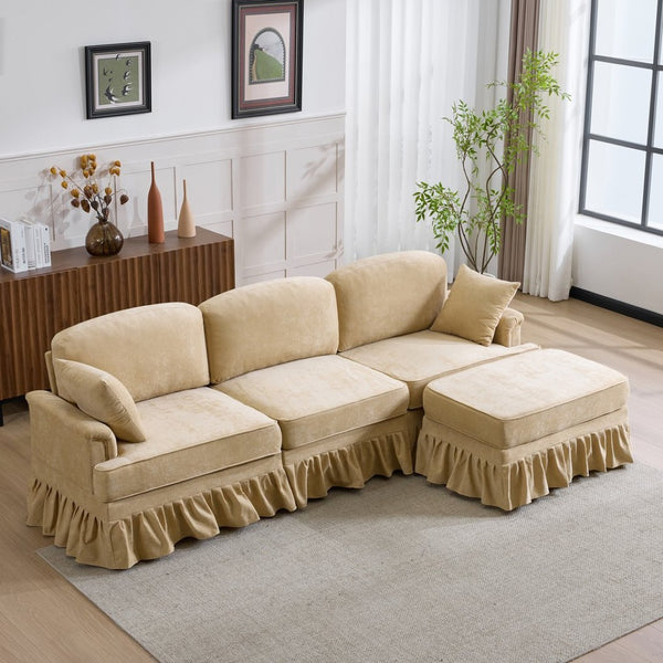 English Elm 103.15'' Chenille L-shaped Sectional Sofa with Detachable Pleated Skirt and Ottoman Khaki W3612S00045