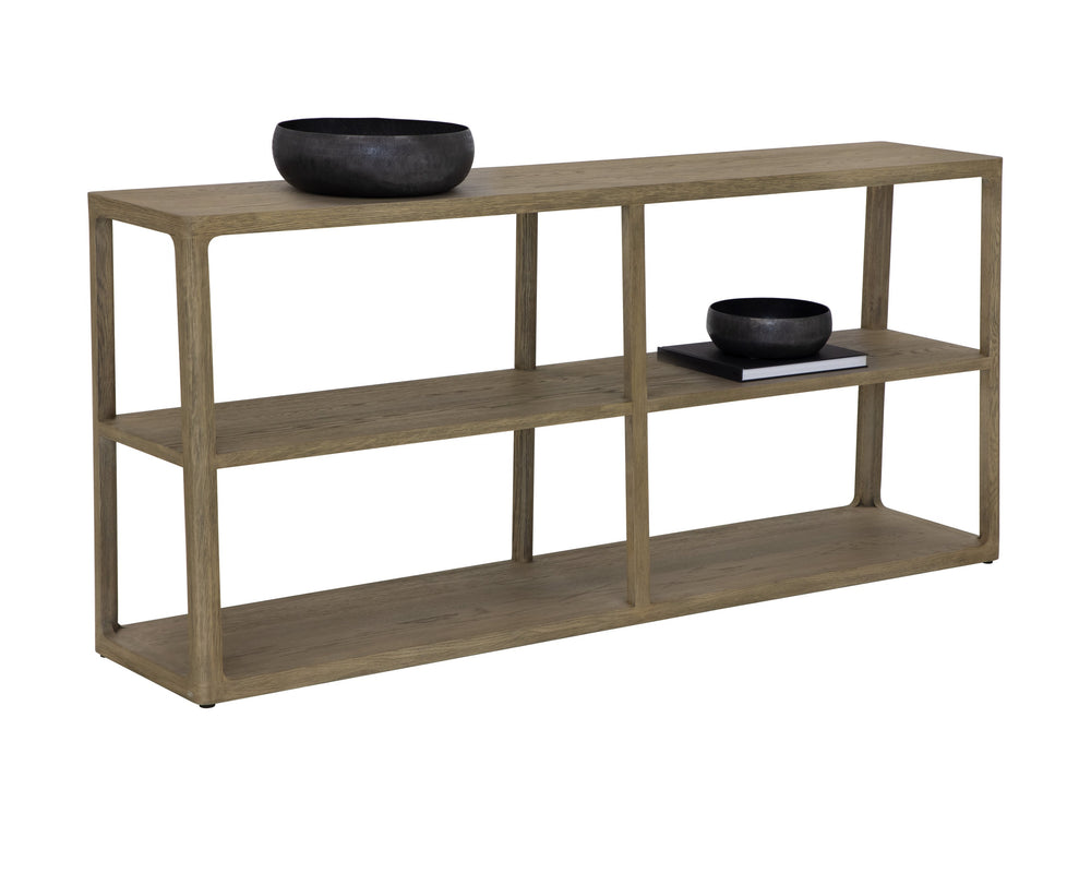 Sunpan Doncaster Low Bookcase - Modern Solid Oak Design in Smoke Grey, Perfect for Minimalist Spaces
