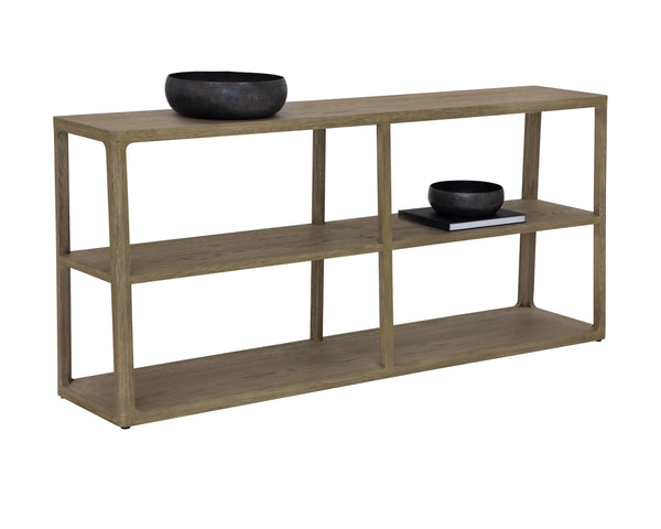 Sunpan Doncaster Low Bookcase - Modern Solid Oak Design in Smoke Grey, Perfect for Minimalist Spaces