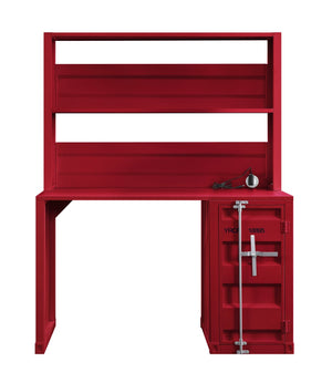 English Elm Red Iron Writing Desk with Hutch — 1-Door Compact Workspace, Fixed Metal Shelf, Stylish Storage and Display B062P215482