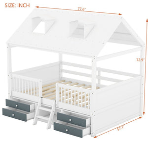 English Elm Full Size House Bed Frame Solid Wood with Storage Drawers Peaked Roofline Kids Playhouse White LP000466AAK-1
