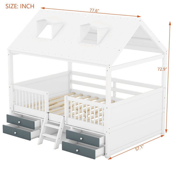 English Elm Full Size House Bed Frame Solid Wood with Storage Drawers Peaked Roofline Kids Playhouse White LP000466AAK-1