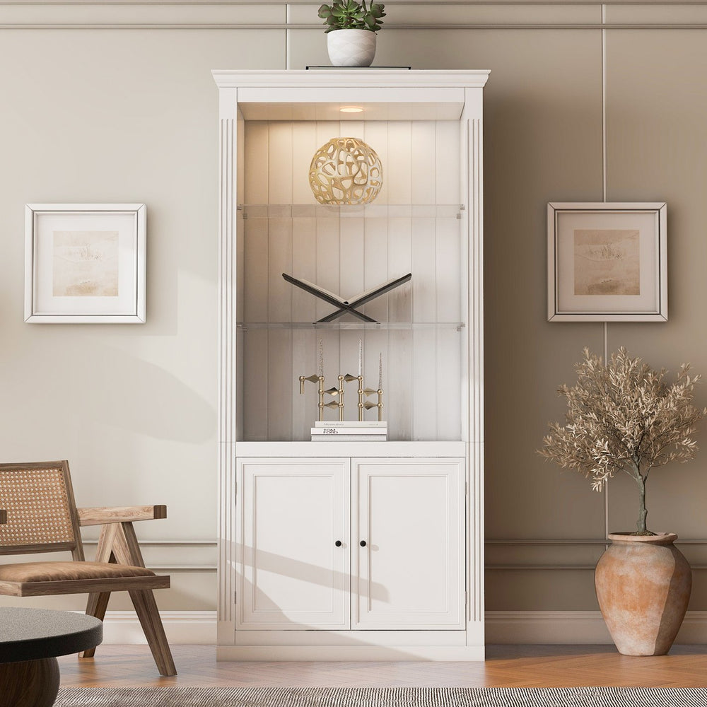 English Elm 78.75''H Retro Farmhouse Display Bookcase with 5-Color LED, Adjustable Glass Shelves & Doors - White N845P263122W