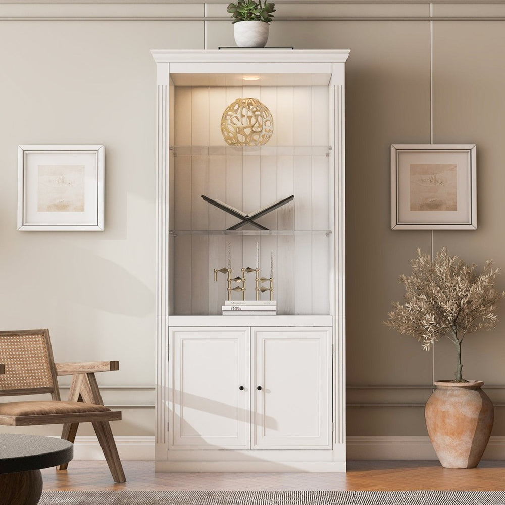 English Elm 78.75''h Farmhouse Bookcase Four Tier Tempered Glass Shelves Led Light Enclosed Cabinet White SN845P390190W