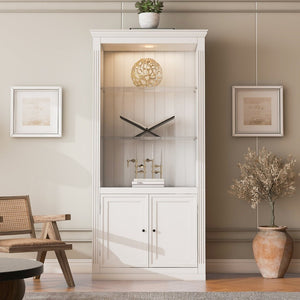 English Elm 78.75''h Farmhouse Bookcase Four Tier Tempered Glass Shelves Led Light Enclosed Cabinet White SN845P390190W