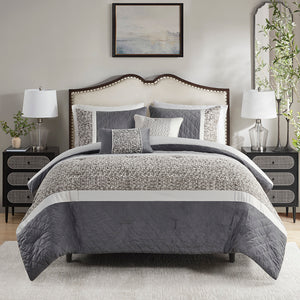 JLA Home Madison Park - 5 Boucle Textured Jacquard Comforter Set with Quilted Mink Panels, Embroidered Pillows & Luxe Neutral Style 92 L x 104 W x 1.5H MP10-8378