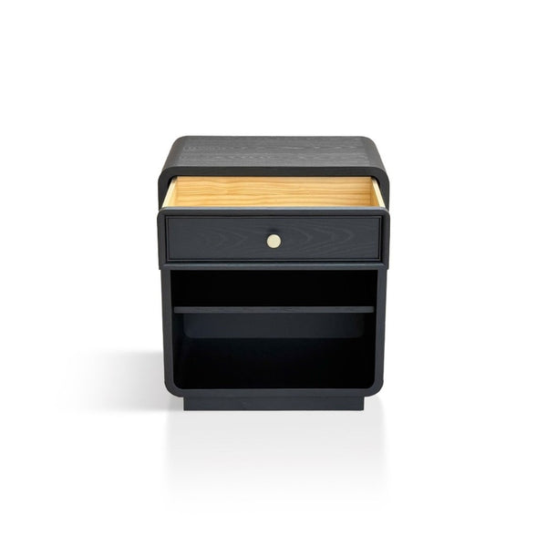 English Elm Nightstand Art Deco Matte Black Finish Antiqued Brass Hardware Open Shelf Bedroom B035P482920