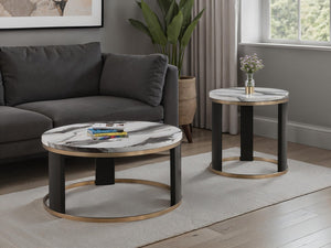 English Elm Contemporary Round Cocktail Table With Marble Top, Gold Accents & Wooden Legs For Modern Living Spaces B2741P395327