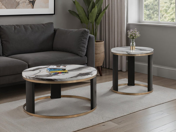 English Elm Contemporary Round Cocktail Table With Marble Top, Gold Accents & Wooden Legs For Modern Living Spaces B2741P395327