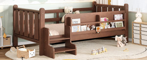 English Elm Twin Pine Floor Bed for Kids with Side Bookcases Built-in Stairs and Safety Guardrails Natural W1580P390215