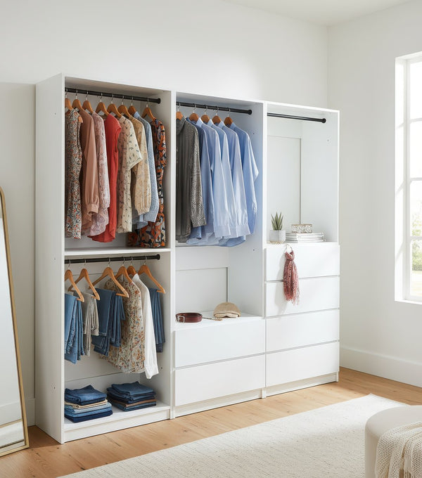 English Elm Prosper Freestanding White Wood Walk-In Closet System with Oak Finish, Modular Durable Storage Design B040S00138