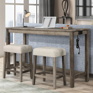 English Elm Transitional 3-Piece Counter Bar Dining Set with Weathered Gray Wood, Tufted Beige Stools, USB Ports Brown+Beige 63 L x 23 W x 5 H B011S01826