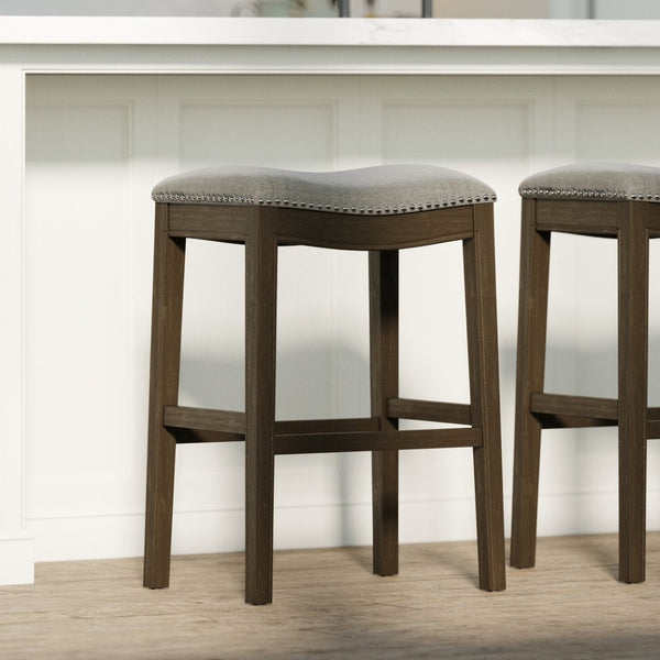 English Elm 31in. Farmhouse Whitewash Hardwood Barstool Nailhead Upholstered Seat Kitchen Island Accent Smoke Grey B2751P436421
