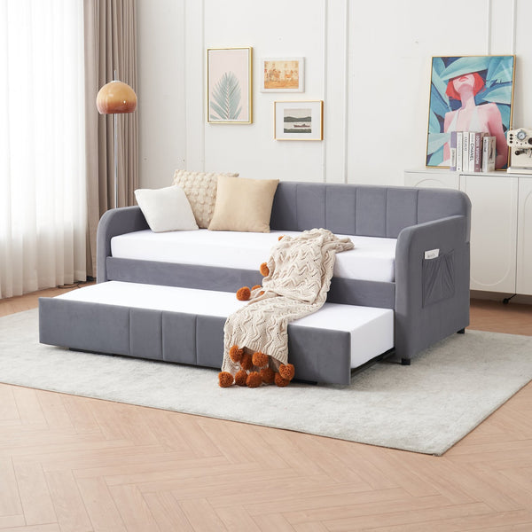 English Elm Twin Upholstered Daybed with Trundle Sofa Bed for Guest Room, Pine Wood Frame, Velvet Upholstery, Sturdy Slat Support and Full-Length Comfort Grey W1361S00022