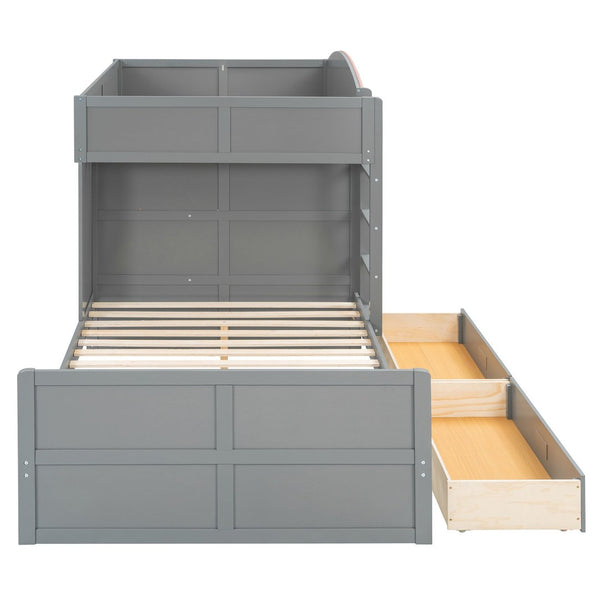 English Elm Full Size Offset Bunk Bed with Wardrobe Hanging Rod Drawers and Upholstered Rail Gray N820S00081E