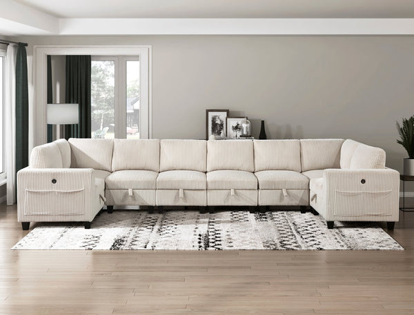 English Elm 8-Piece Modular Sectional Sofa with Hidden Storage, Side Pockets & Charging Ports in Corduroy Fabric Beige 28.5 L x 29 W x 20.5 H B011S01082