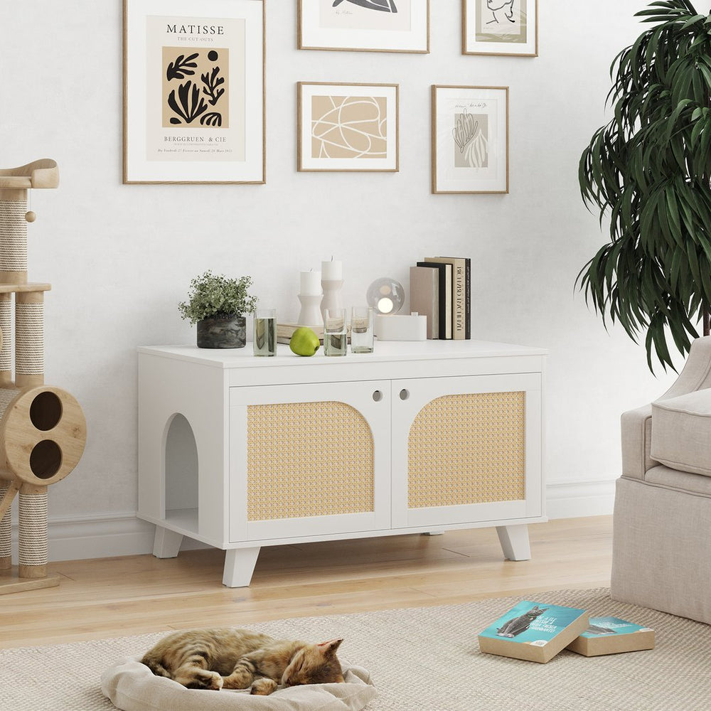 English Elm Flip Top Hidden Cat Litter Box Enclosure with Rattan Doors, Flip-Top Access, Odor Control, Stylish Table Ready White T3623P354972