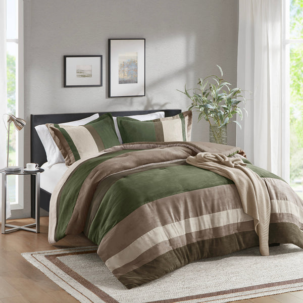 JLA Home Comfort Spaces - Pieced Faux Suede Comforter Set with Modern Two-Tone Colorblock, Oeko-Tex Certified Softness Green AM10-0298
