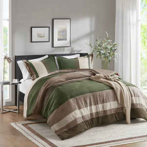 JLA Home Comfort Spaces - Pieced Faux Suede Comforter Set with Transitional Stripes, Lightweight Year-Round Warmth and Plush Loft Green AM10-0296
