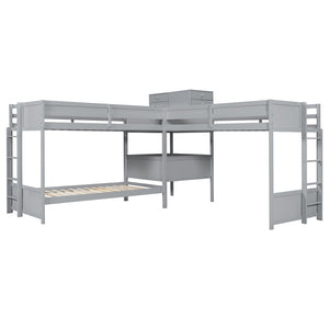 English Elm Twin L-shaped Bunk Bed Pine Wood Corner Design with Desk Drawers and Usb Charging Gray N820S00079E