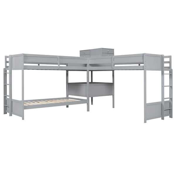 English Elm Twin L-shaped Bunk Bed Pine Wood Corner Design with Desk Drawers and Usb Charging Gray N820S00079E