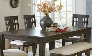 English Elm Dark Brown Oak Veneer Expandable Dining Set with Bench Beige Upholstered Chairs B011S00986