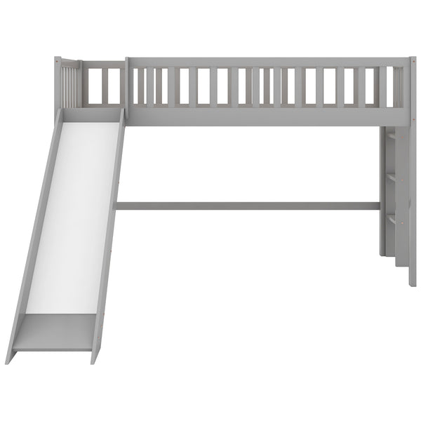 English Elm Twin Low Loft Bed with Slide and Ladder — Space-Saving Pine & MDF Frame, Quiet Durable Design Gray WF286078AAE