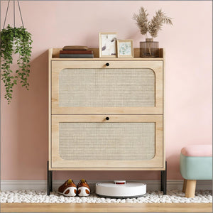 English Elm Narrow Rattan Front Shoe Cabinet with Oak Finish Entryway Storage for 16 Pairs T3971P481653